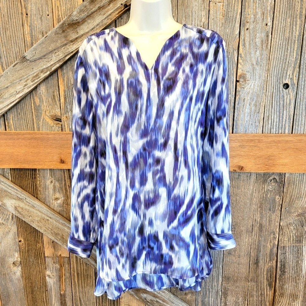 Chico's Tunic Blouse 0 (S) Top Watercolors White Blue Purple Shirt long sleeve